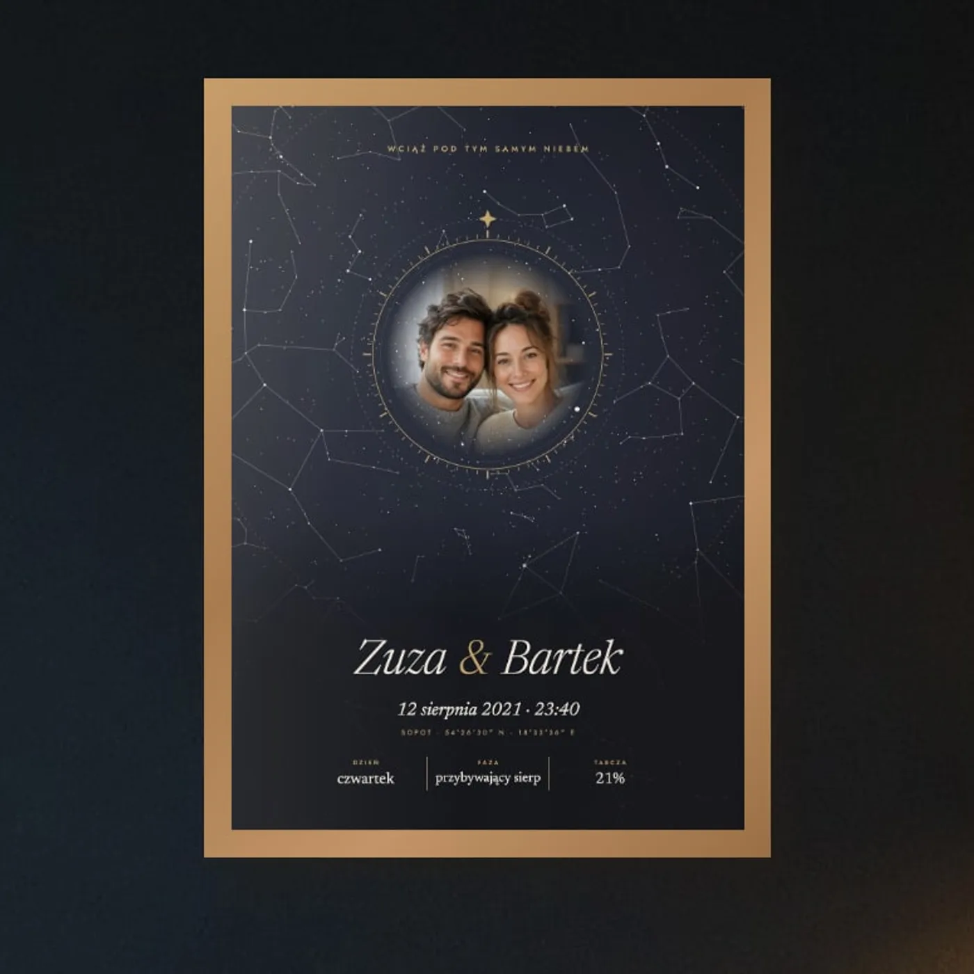 Granatowy plakat z niebem nad Sopotem i zdjęciem pary w złotym pierścieniu, napis „Wciąż pod tym samym niebem”, w drewnianej ramie w wieczornym pokoju