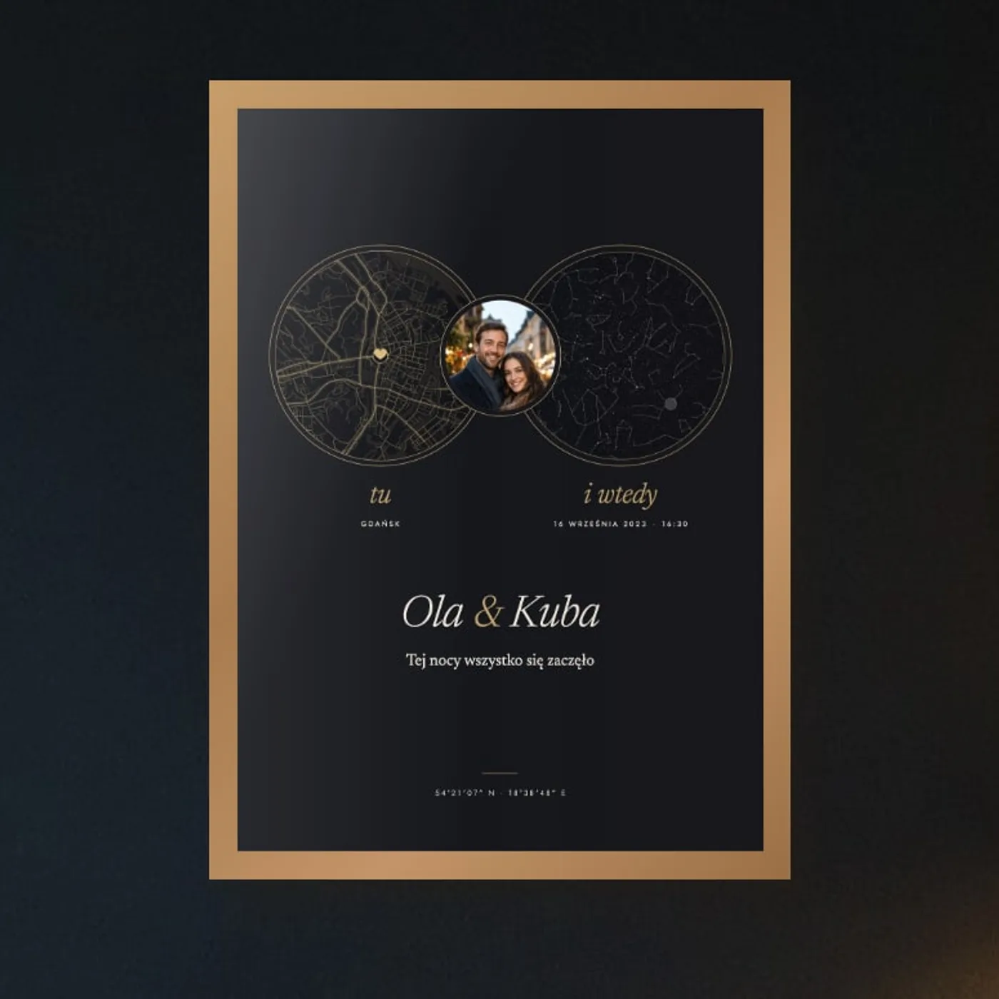 Granatowy plakat z planem ulic Gdańska z sercem i mapą nieba obok, zdjęcie pary pośrodku, w drewnianej ramie przy skórzanym fotelu