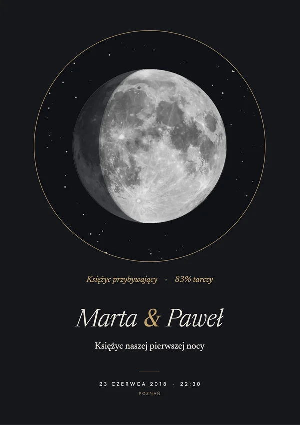 Plakat z Księżycem w fazie przybywającej i imionami Marta i Paweł
