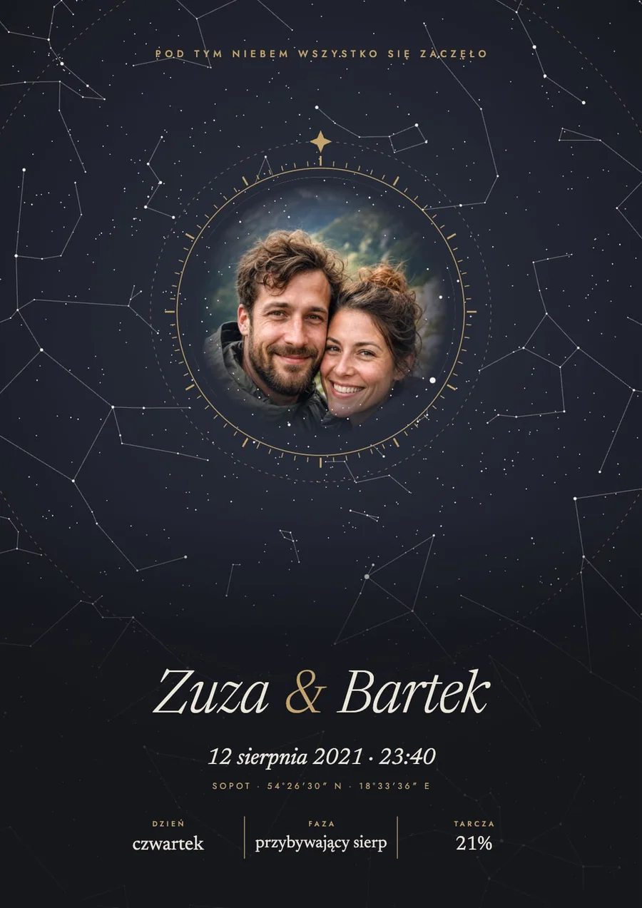 Granatowy plakat z niebem nad Sopotem na całym tle i zdjęciem pary w złotym pierścieniu, imiona Zuza i Bartek