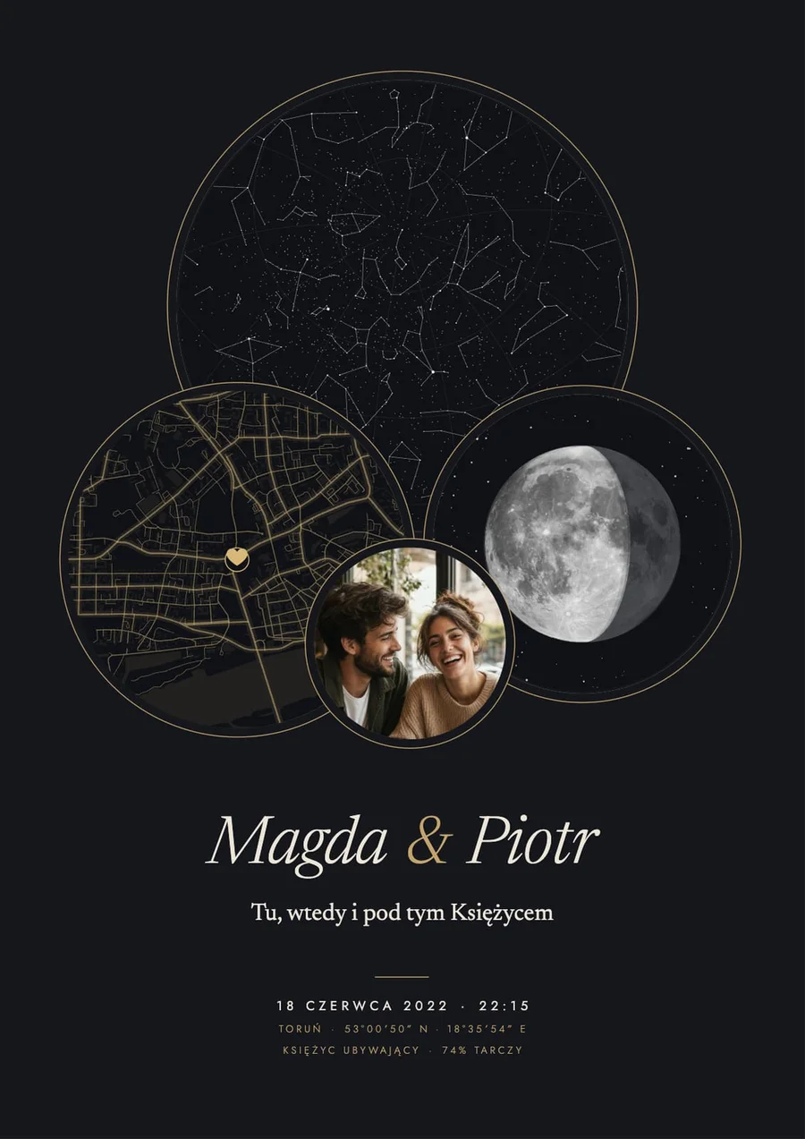 Plakat „Splot – miasto, niebo i Księżyc” z napisem „Tu, wtedy i pod tym Księżycem”