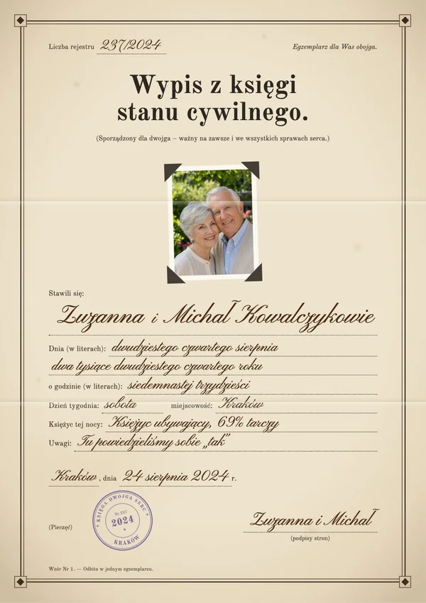 Kremowy plakat w stylu starego dokumentu: Wypis z księgi stanu cywilnego, imiona Zuzanna i Michał wpisane stalówką, okrągła pieczęć